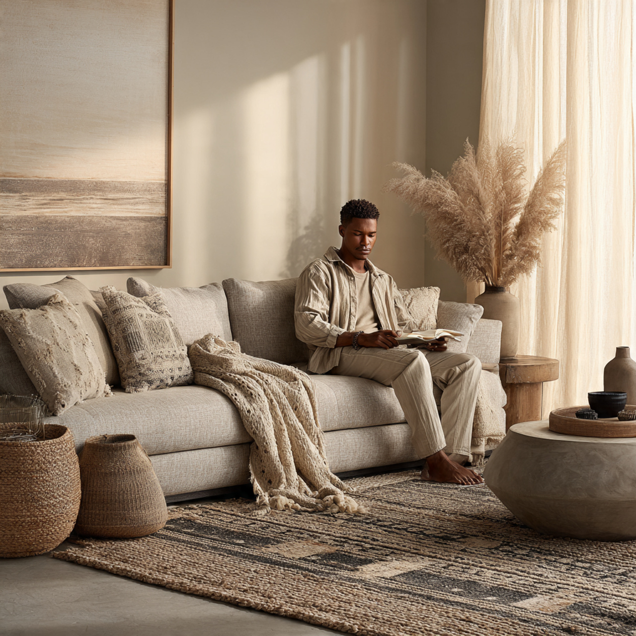 a cozy living room designed with warm