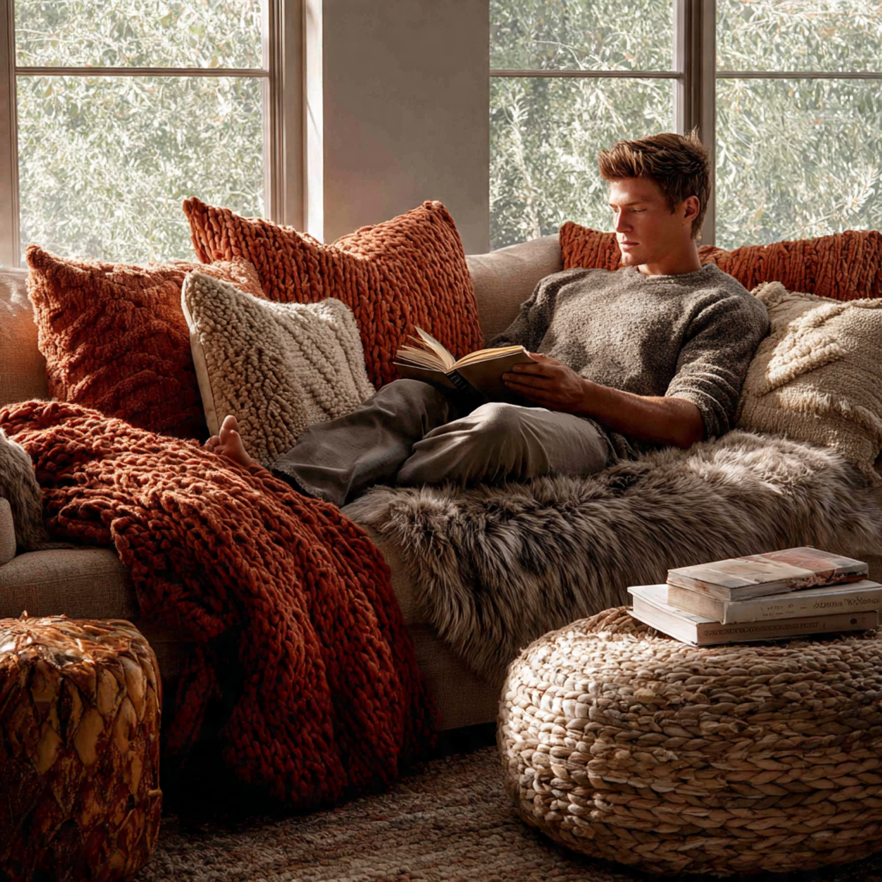 a cozy living room with layered chunky