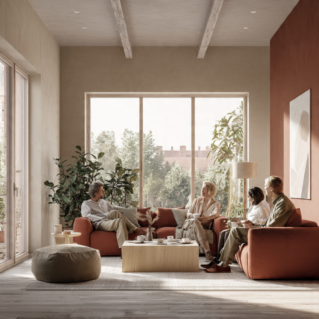 a cozy minimalist living room with terracotta