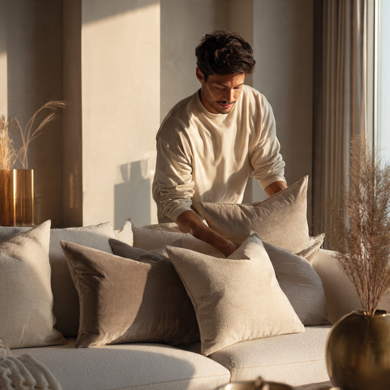 a cozy modern living room with taupe