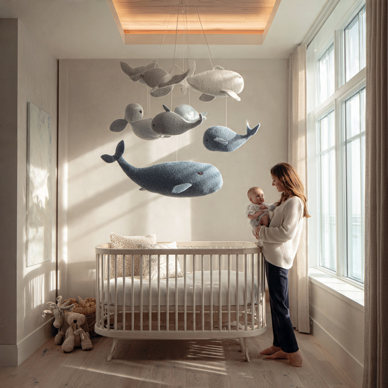 a cozy nursery featuring a crib under