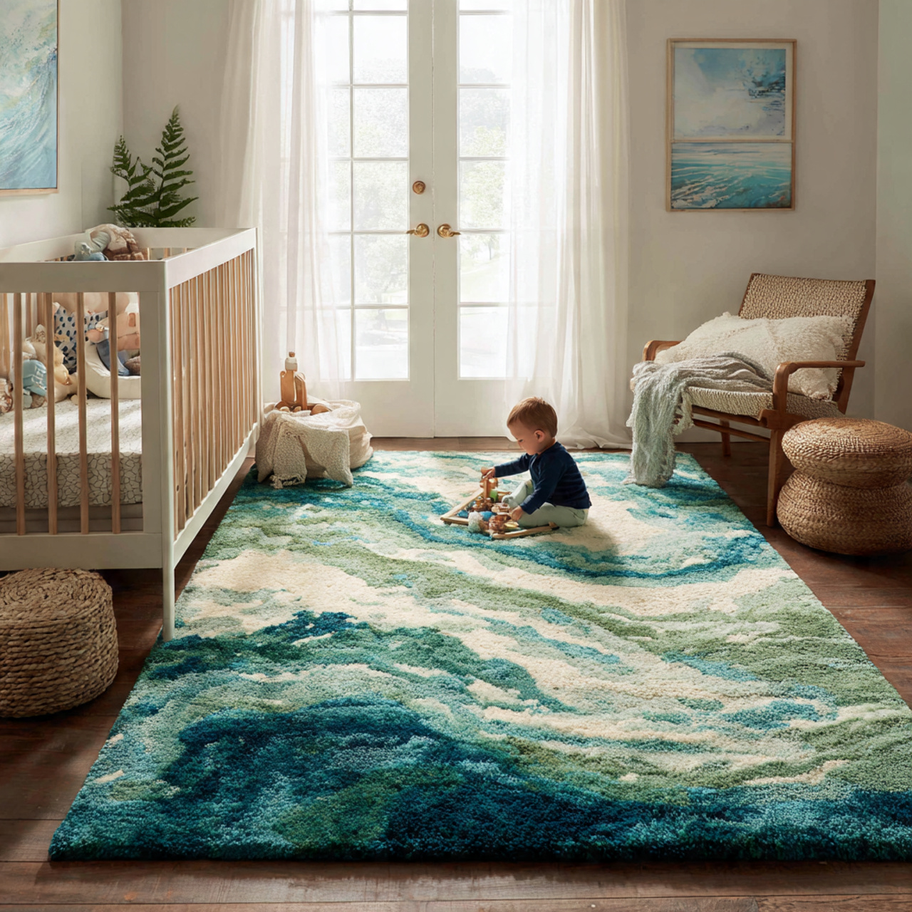 a cozy nursery featuring a large plush 1