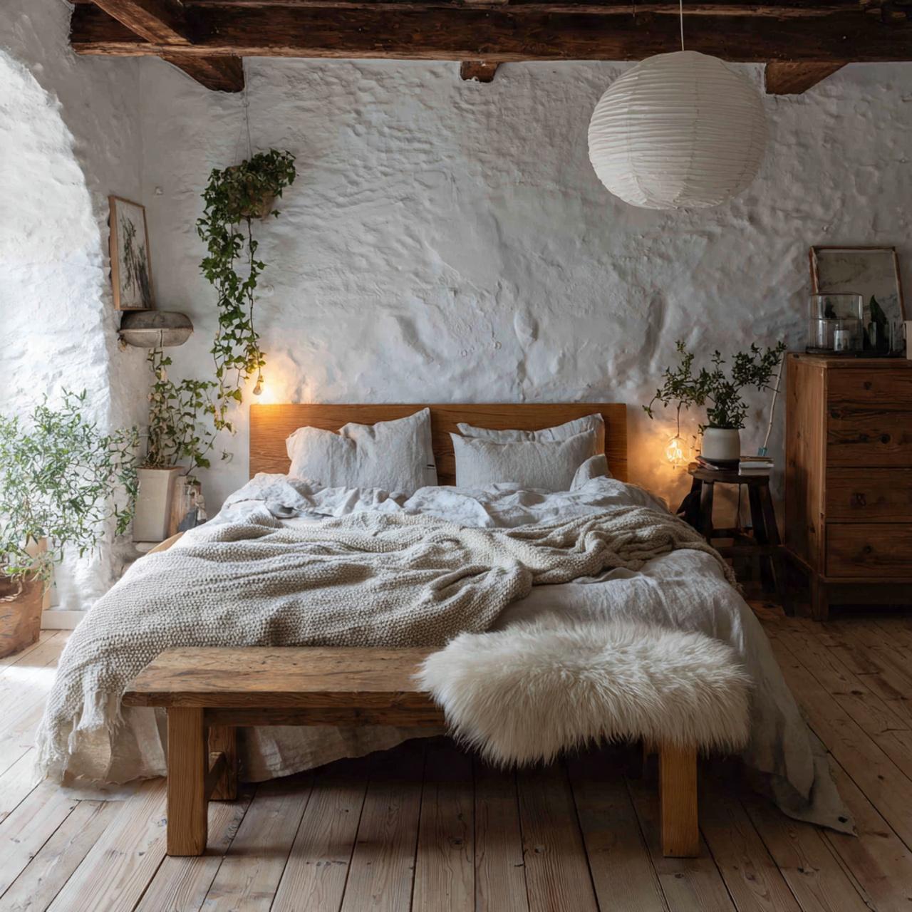 a cozy scandinavian rustic bedroom with whitewashed