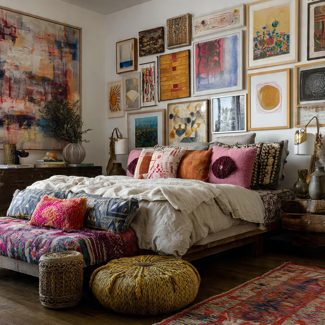 a creative artistic bedroom with a gallery