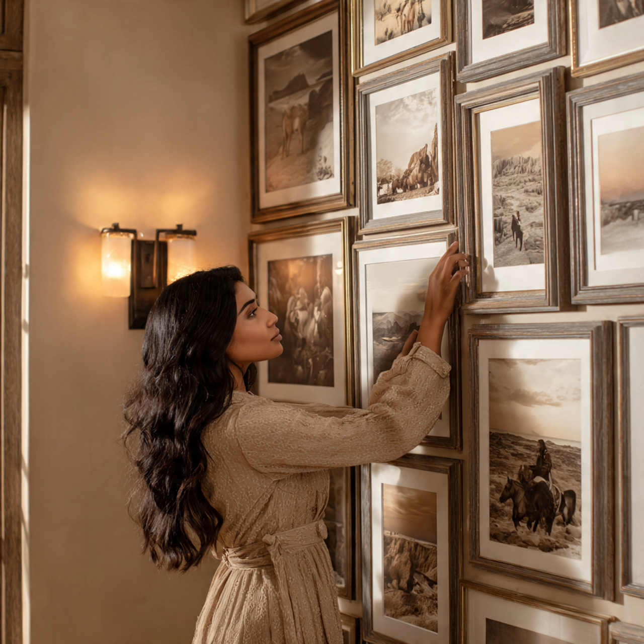 a curated gallery wall of sepia toned photographs