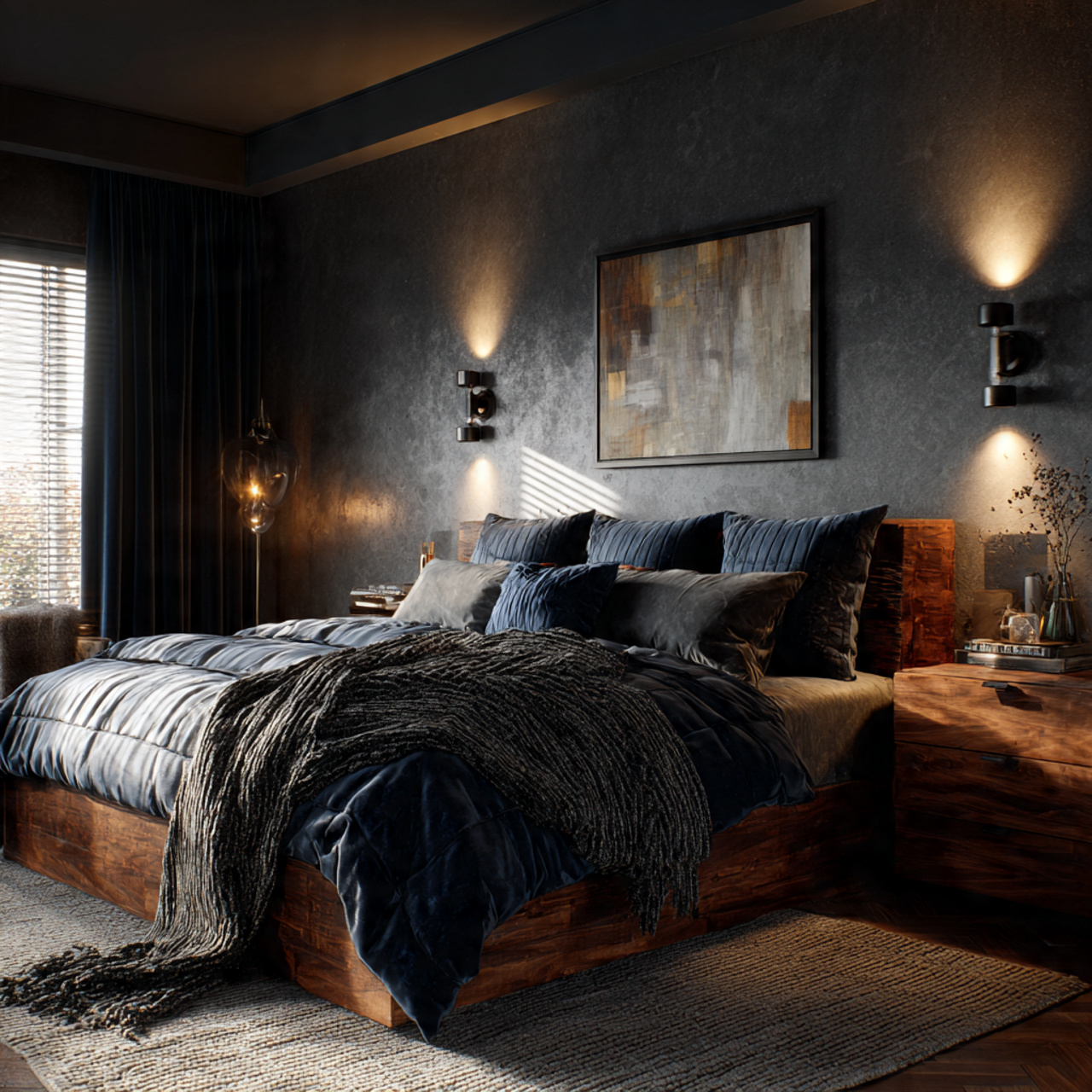 a deep charcoal bedroom with navy bedding
