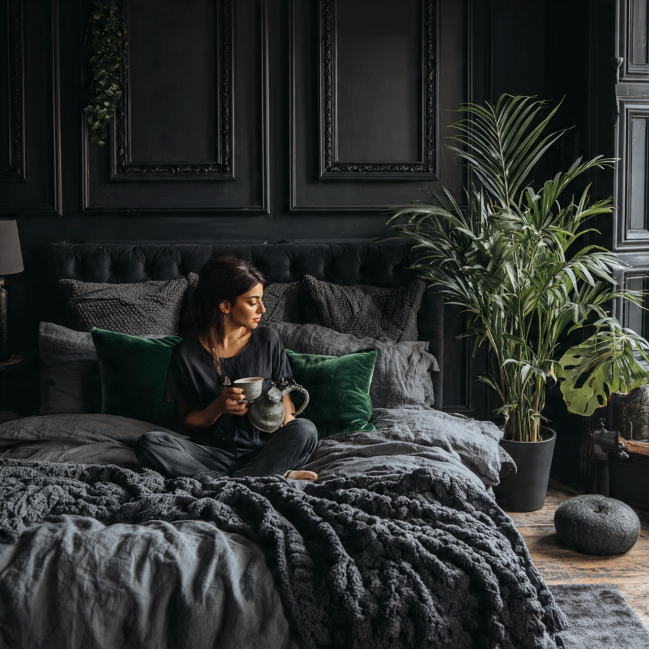 a dramatic black bedroom with emerald green 1