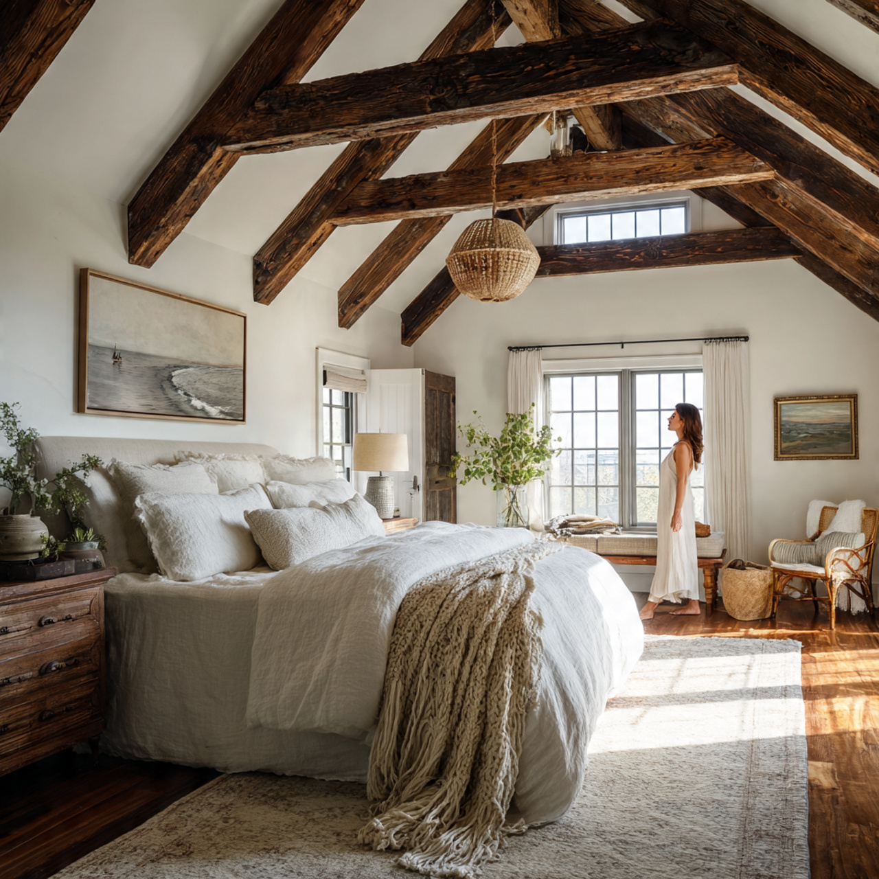 25 Farmhouse Bedroom Ideas to Create a Warm, Elegant Retreat 15 a dramatic farmhouse bedroom with exposed dark 1