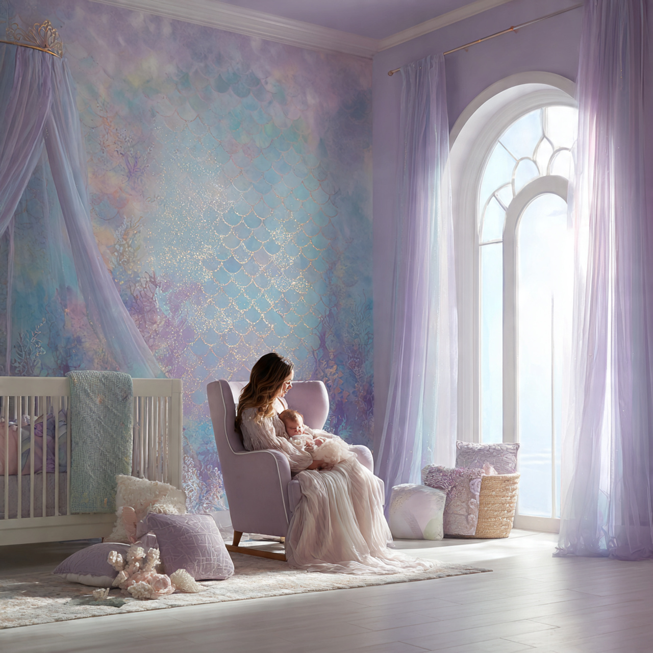 a dreamy magical nursery with soft lilac