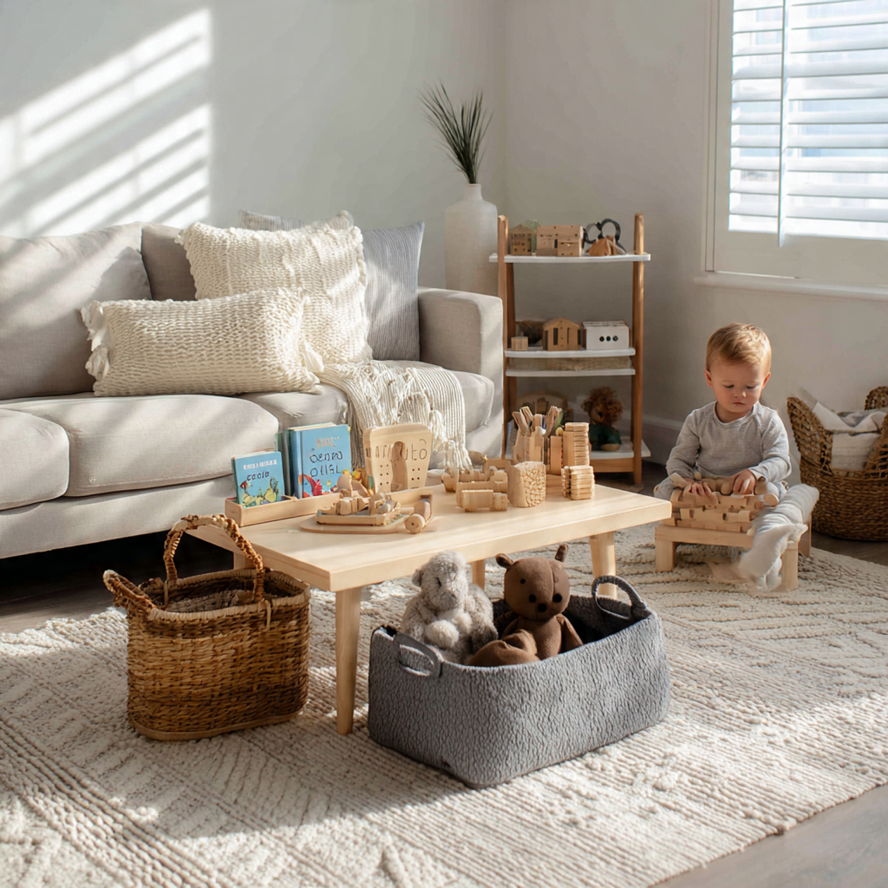 a family friendly living room featuring a coffee