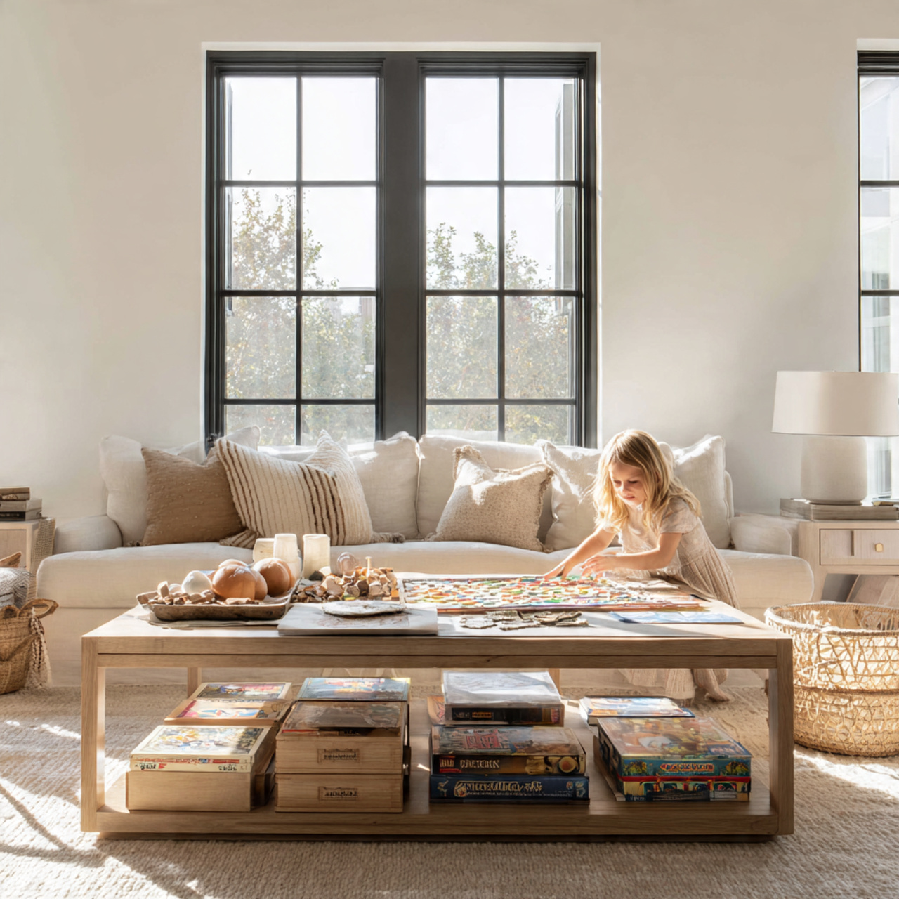 a family friendly living room with a coffee