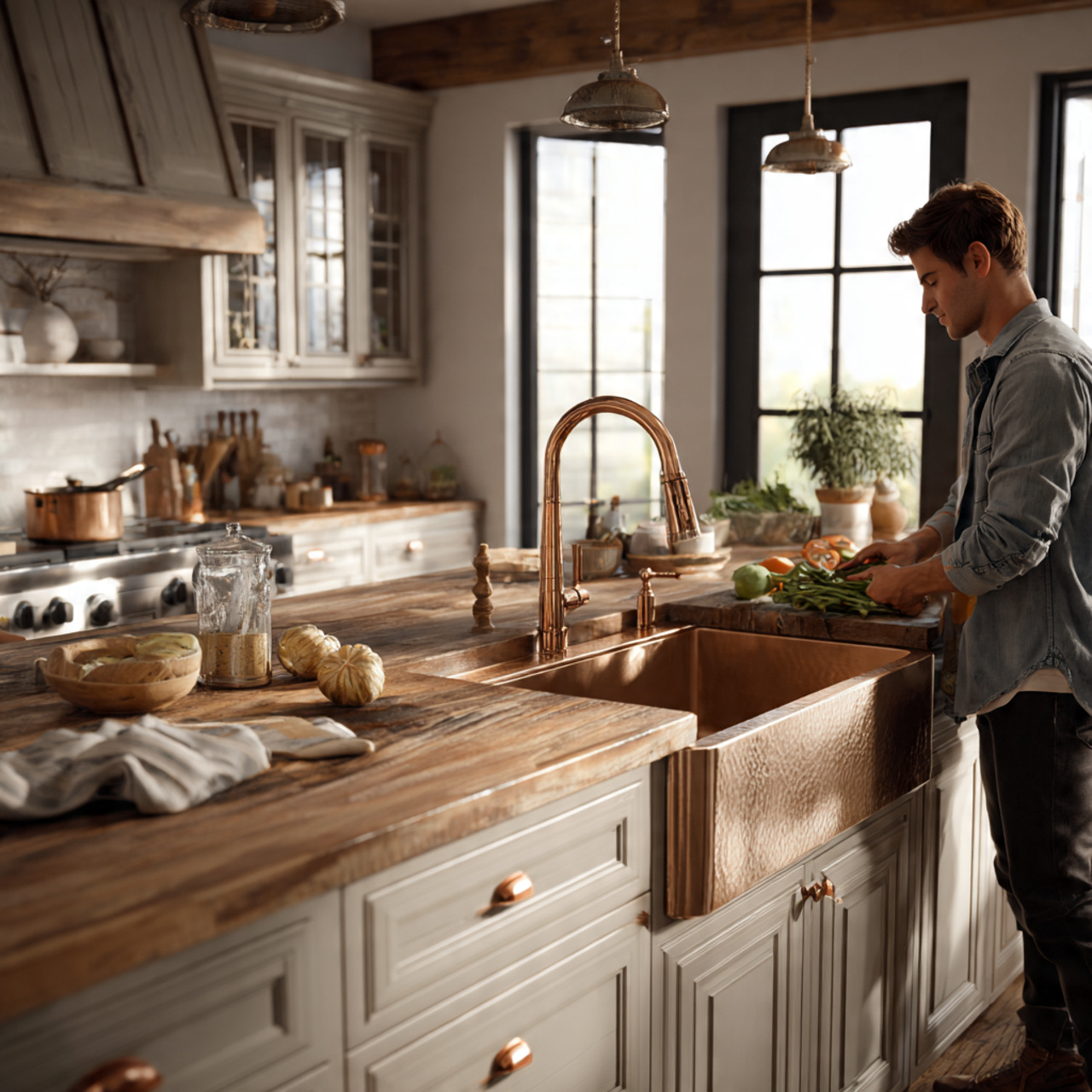 25 Farmhouse Kitchen Ideas: Cozy, Rustic, & Timeless Designs for Your Home 20 a farmhouse kitchen with copper knobs and