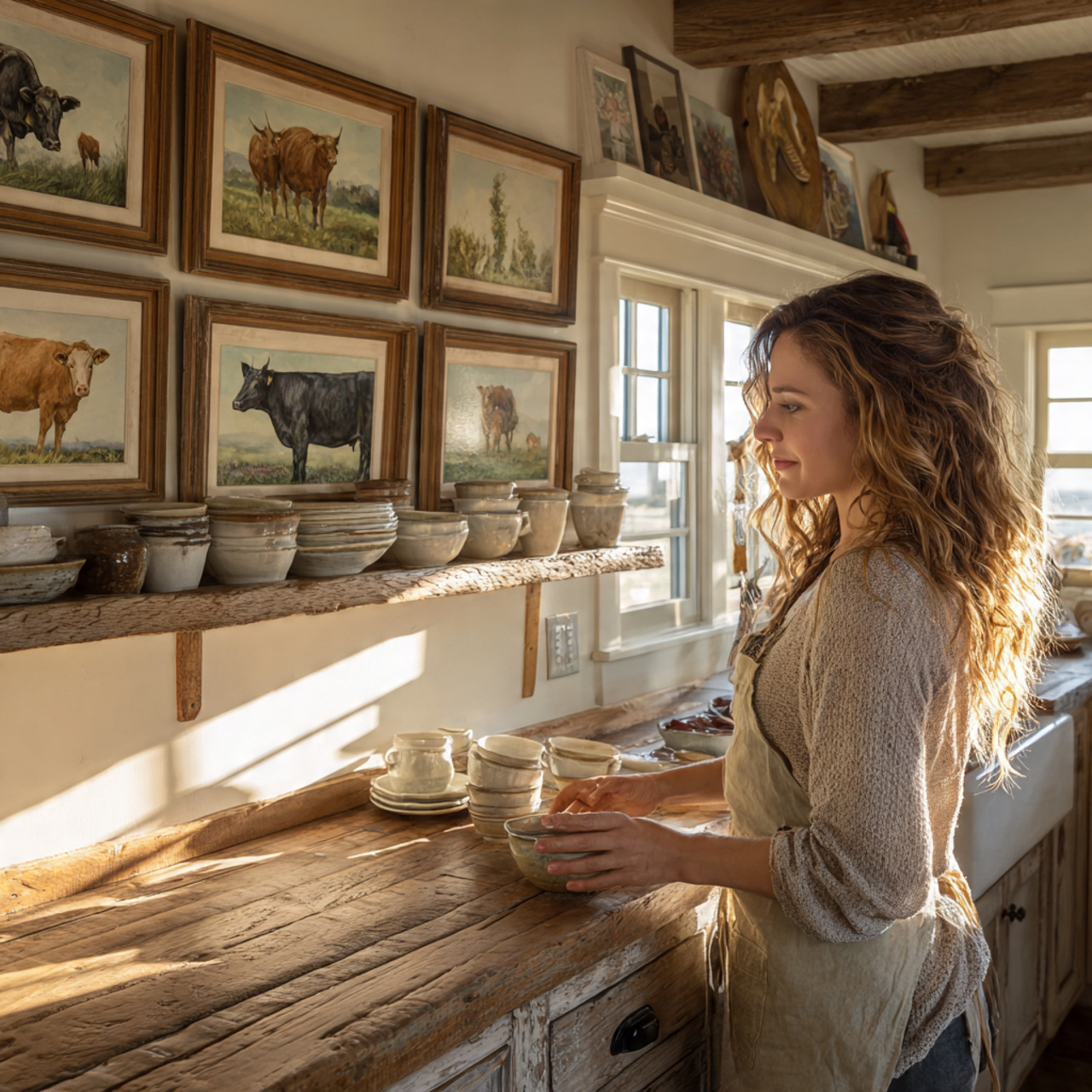 25 Farmhouse Kitchen Ideas: Cozy, Rustic, & Timeless Designs for Your Home 21 a farmhouse kitchen with framed farm animal