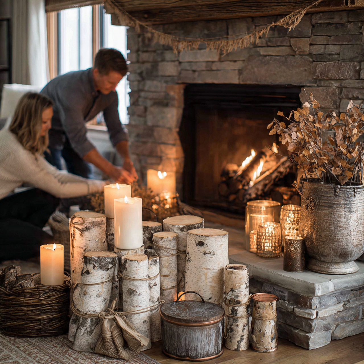 a fireplace hearth staged with stacked birch
