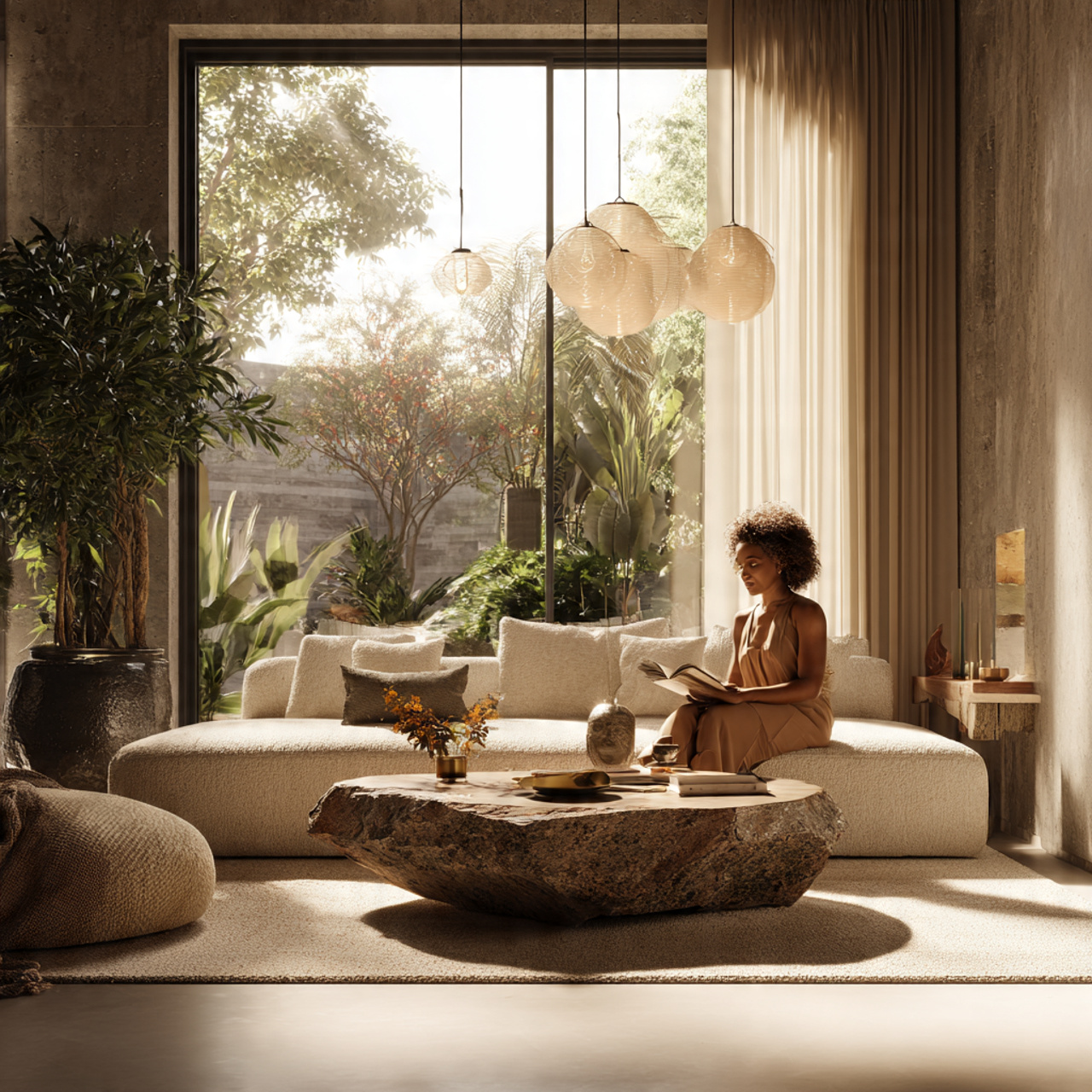 a hyper realistic modern living room featuring modern