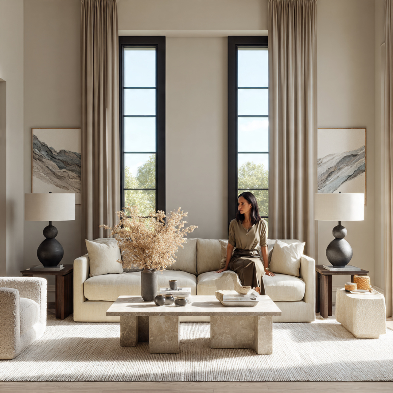 a hyper realistic modern living room showing modern