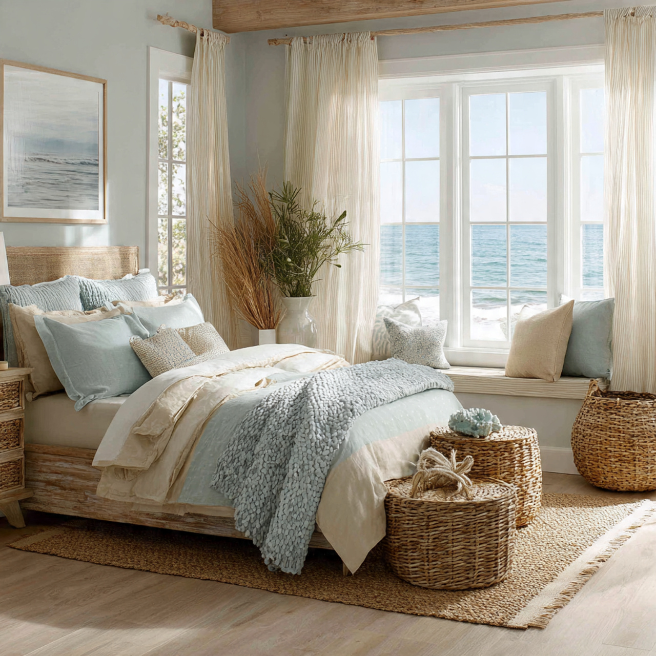 a light and airy beach themed bedroom featuring