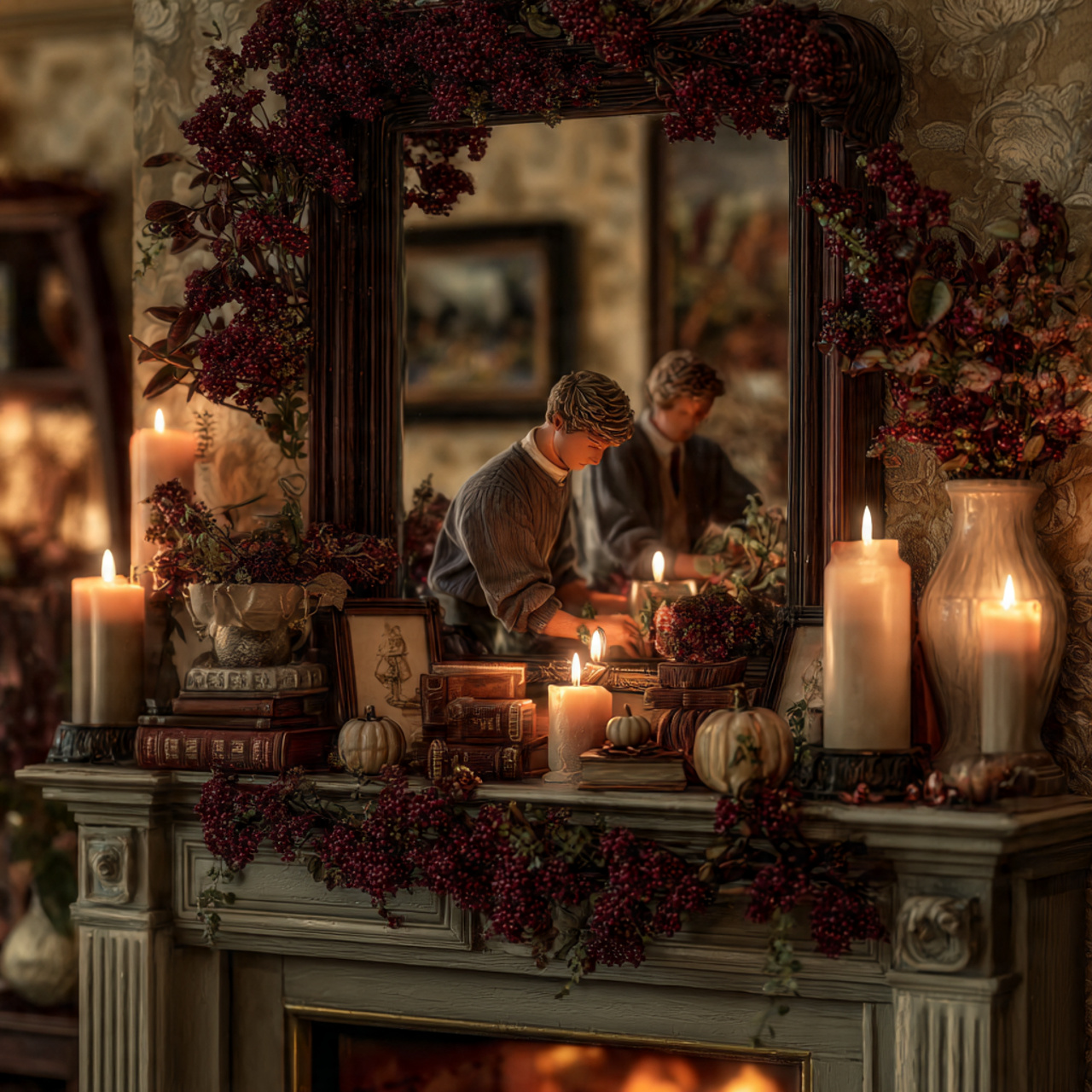 a living room fireplace mantel decorated with