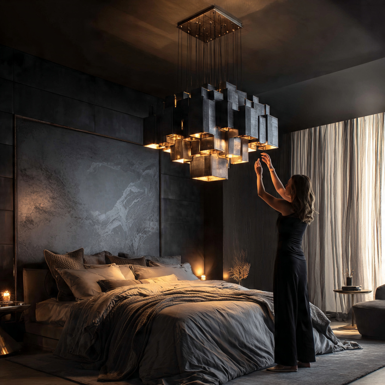 a luxurious black bedroom featuring a modern 1