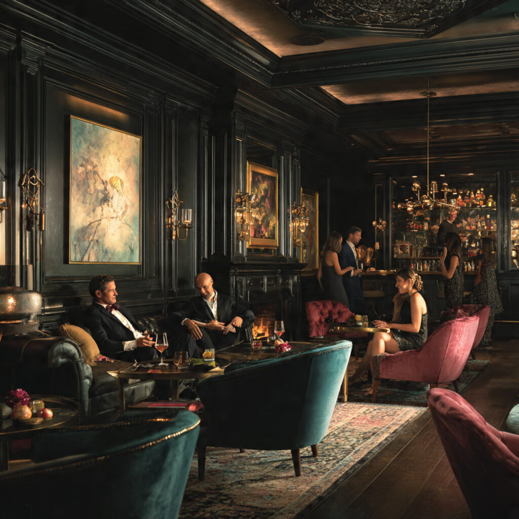 a luxurious lounge with dark charcoal walls