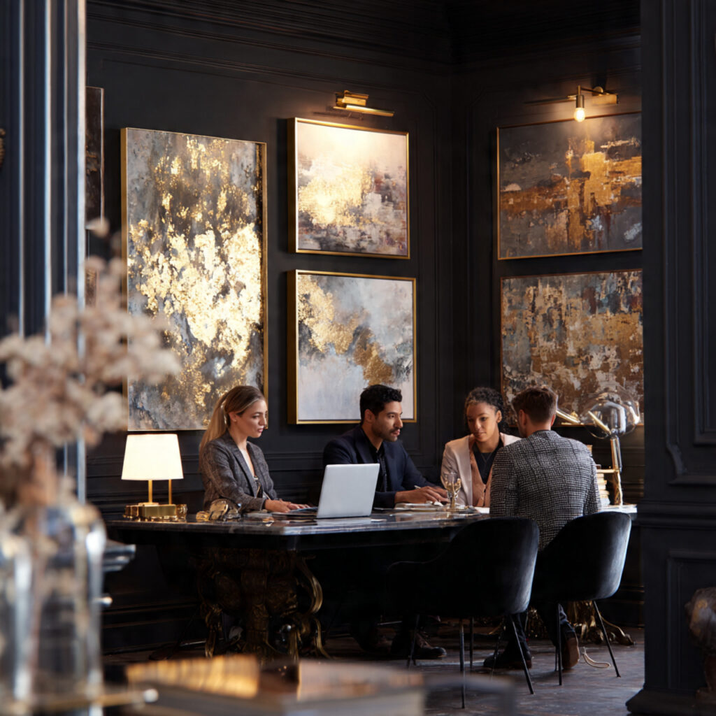 a luxurious workspace or boutique with gold