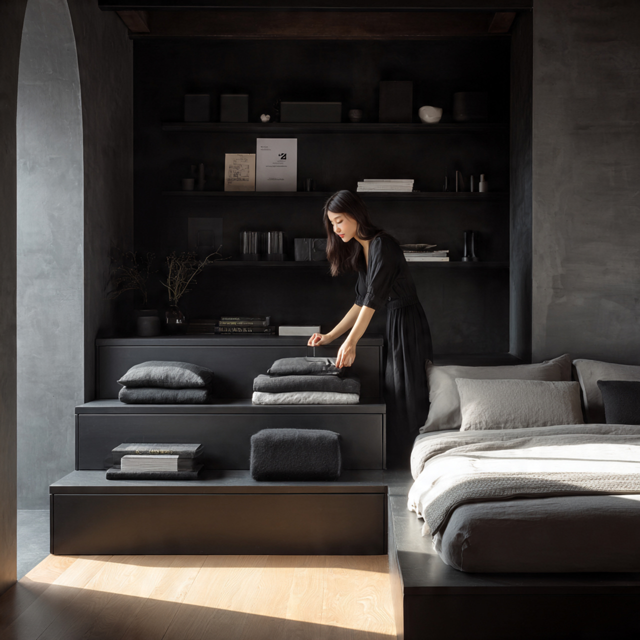 a minimalist black bedroom featuring built in black 1