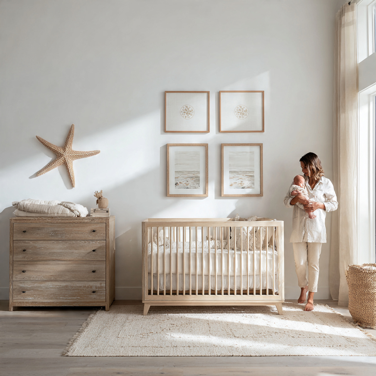 a minimalist nursery featuring framed starfish and