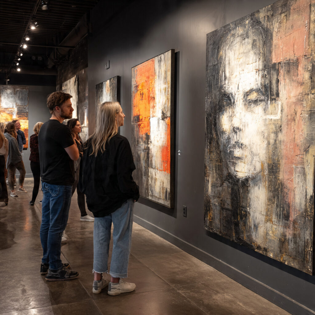 a modern abstract art gallery with slate