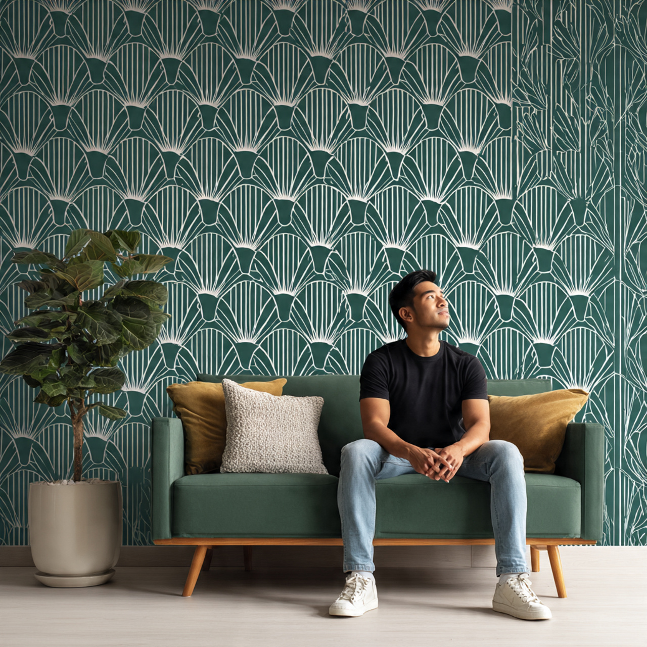 a modern accent wall covered in geometric