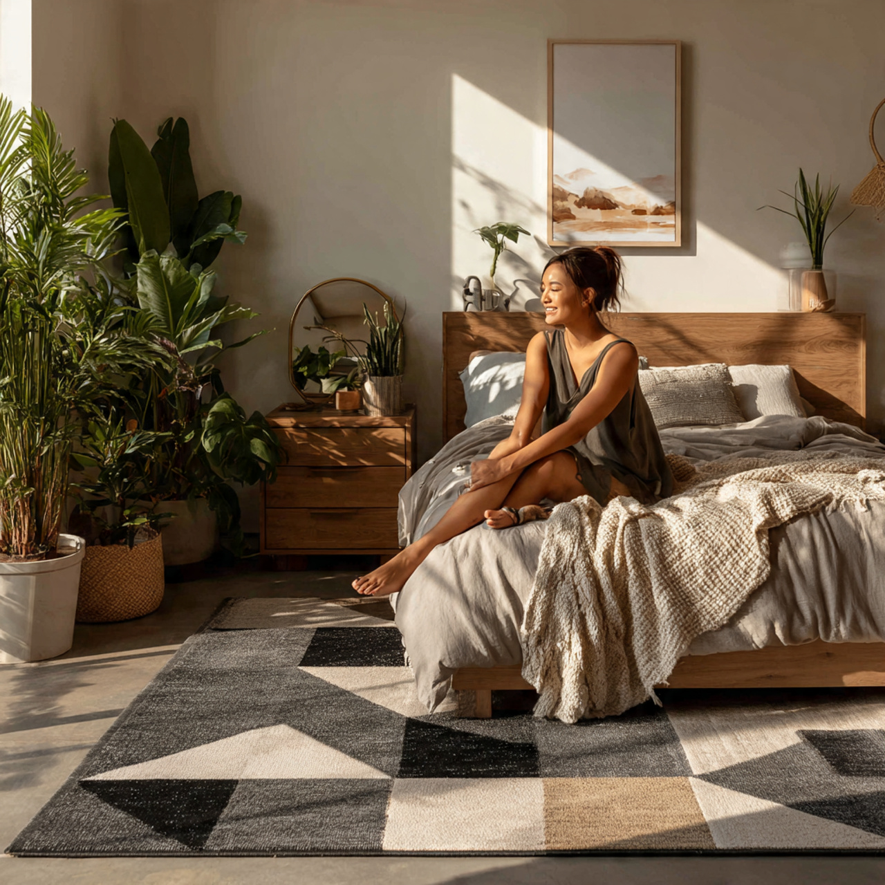 a modern bedroom featuring a bold geometric