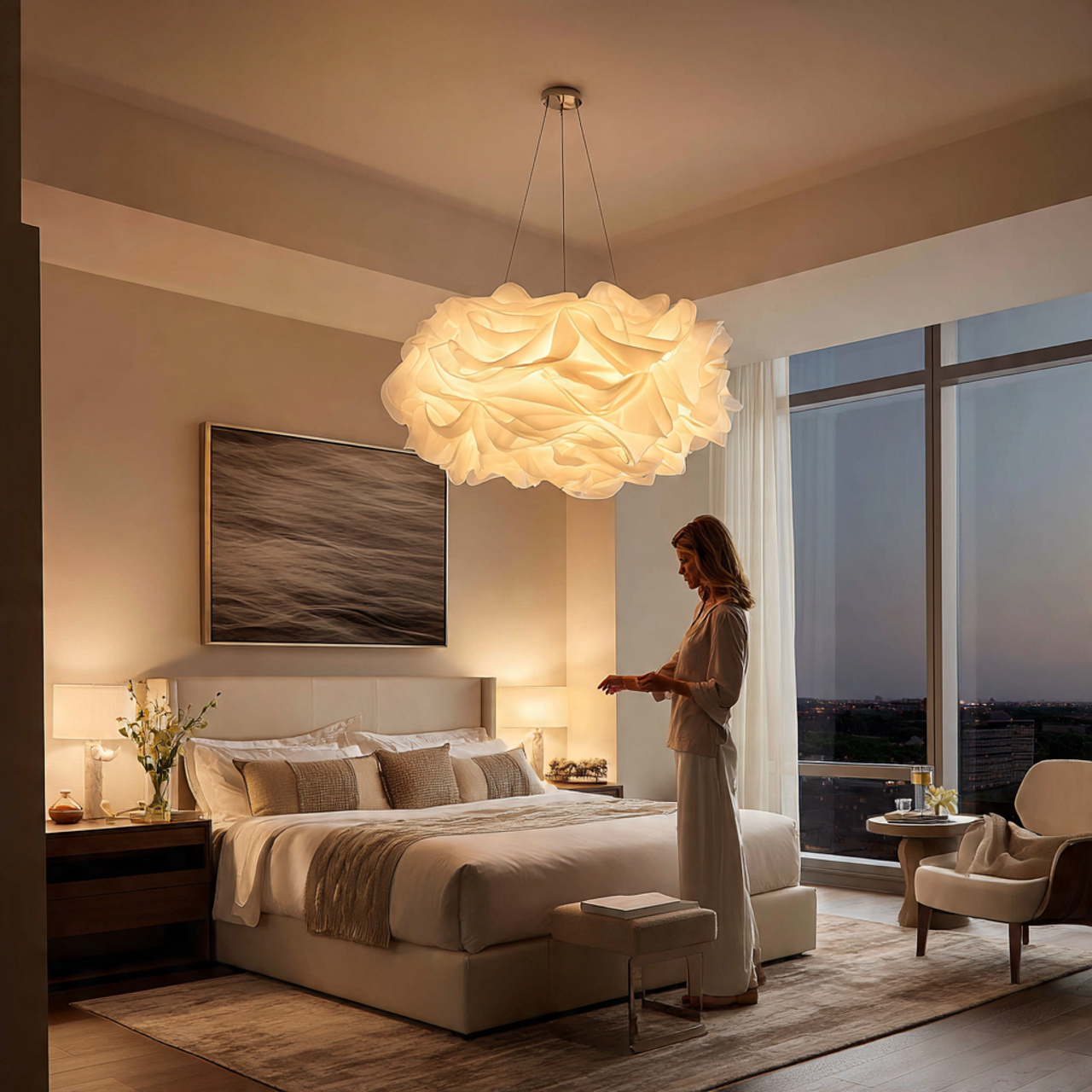 a modern bedroom lit by a large