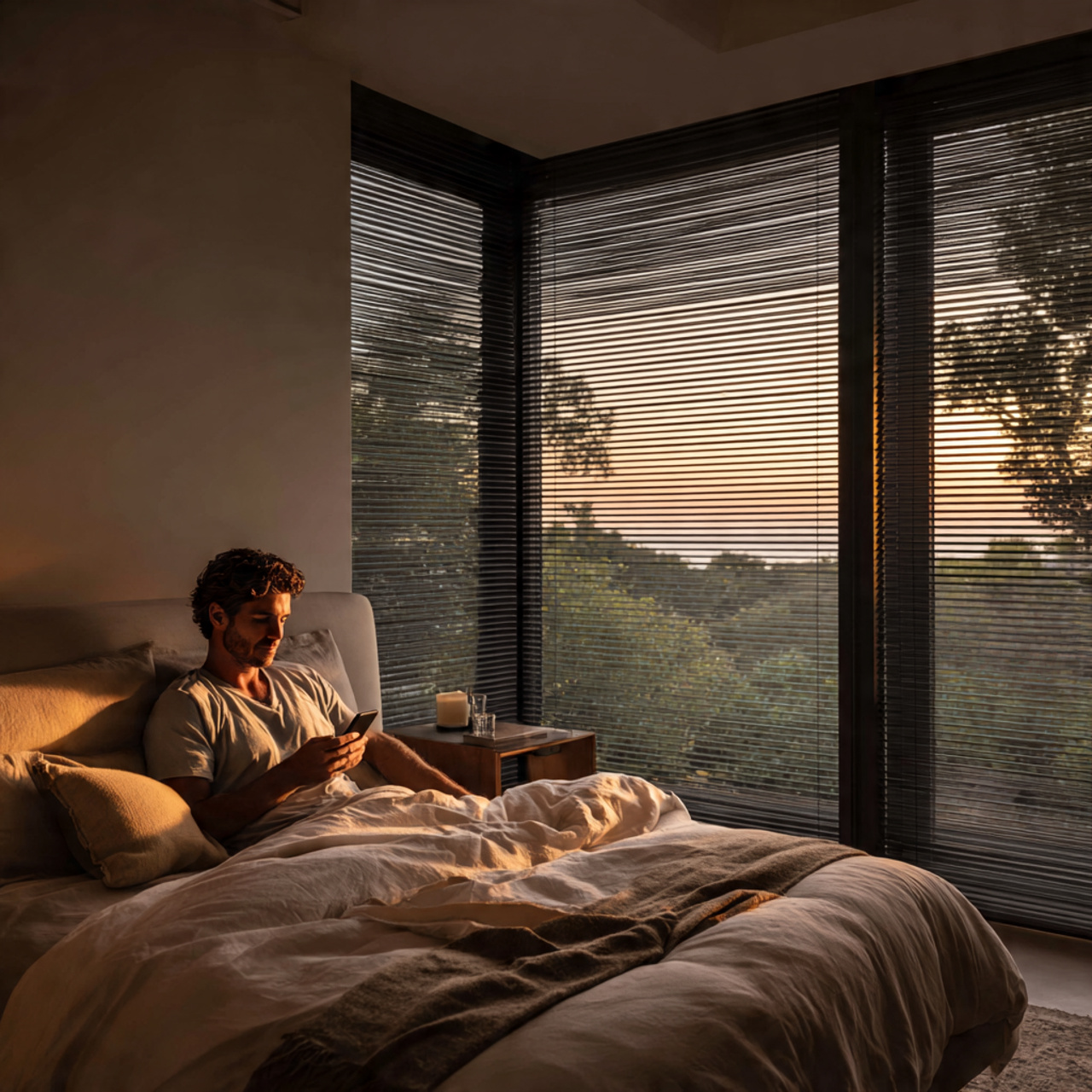 a modern bedroom scene showing a man