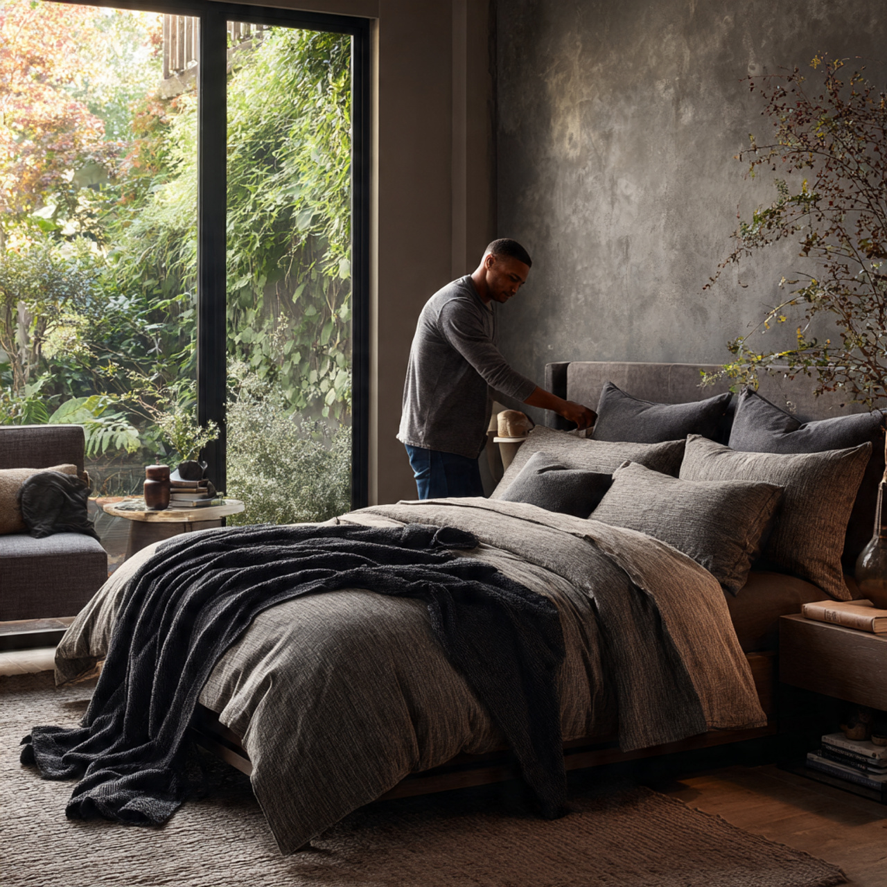 a modern bedroom showcasing layered shades of