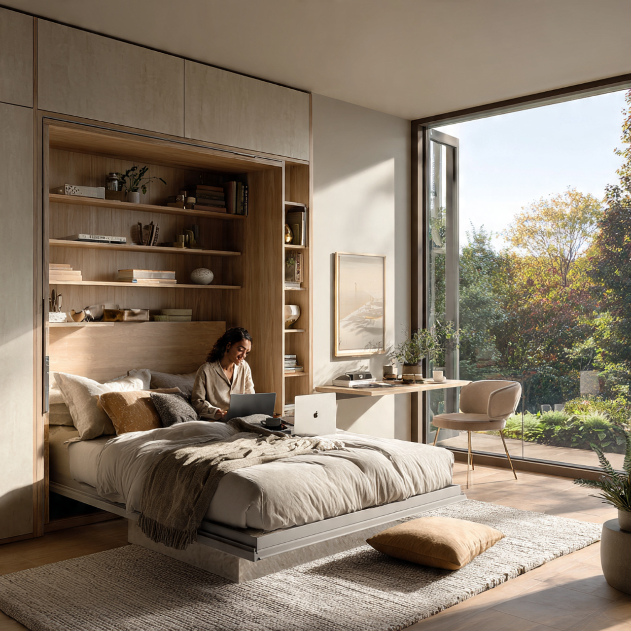 a modern bedroom where a hidden pull out