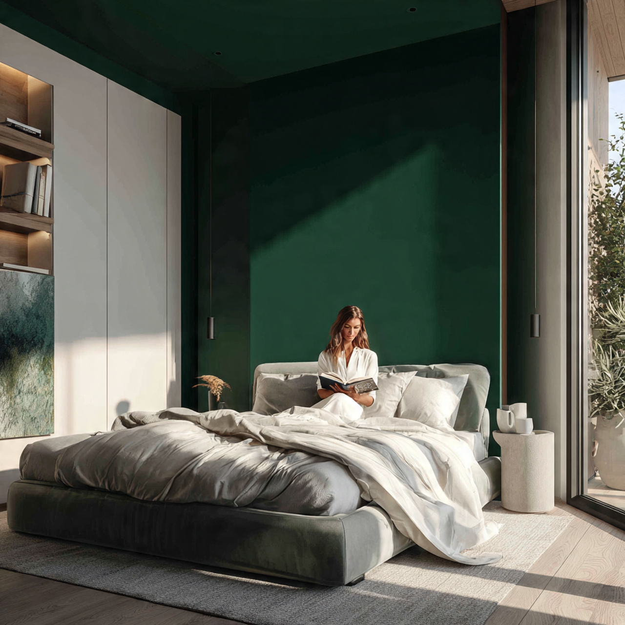 a modern bedroom with a deep emerald