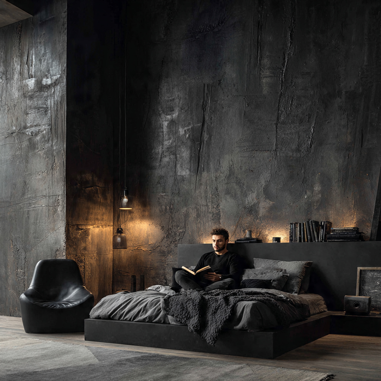 a modern bedroom with a textured black 1