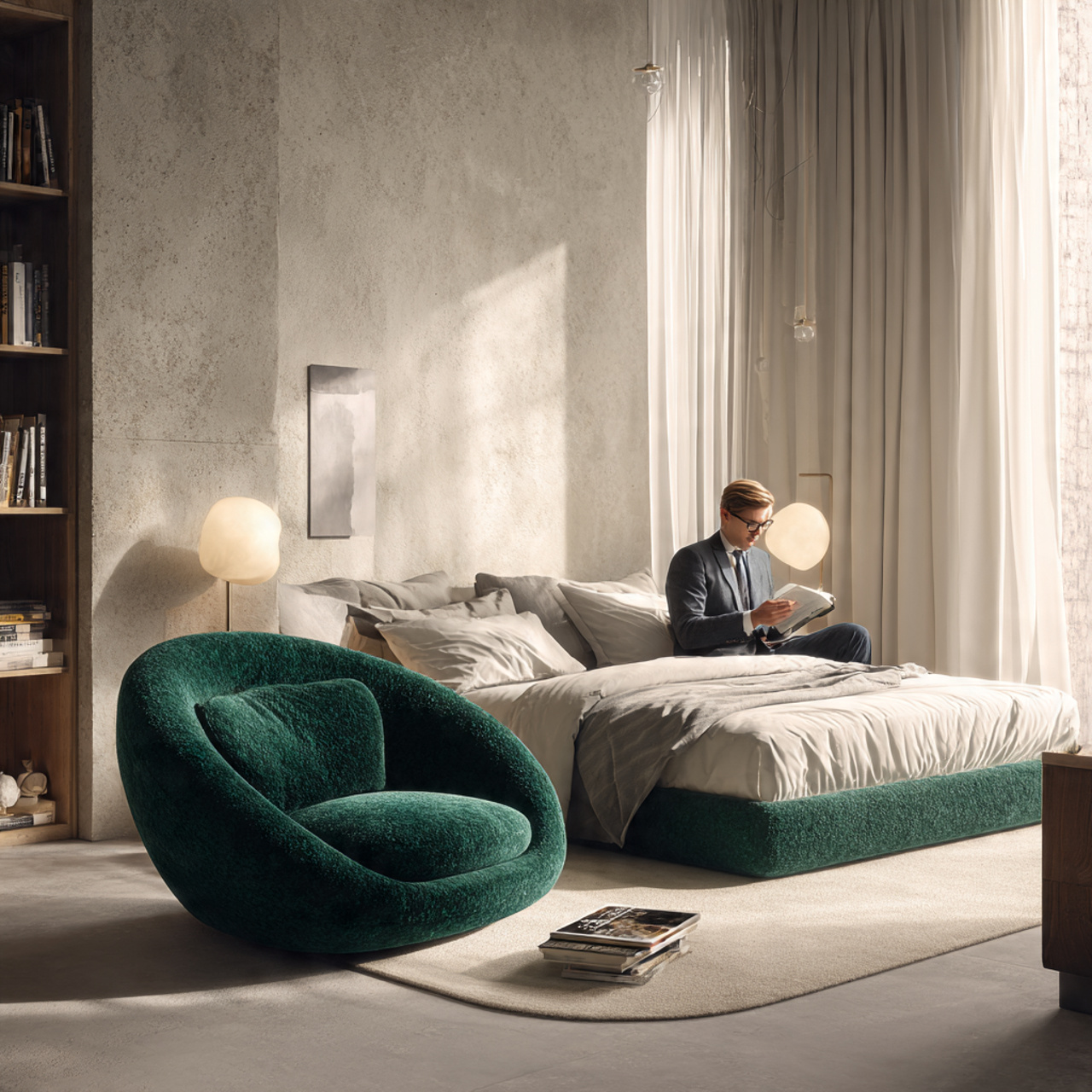 a modern bedroom with a vibrant emerald