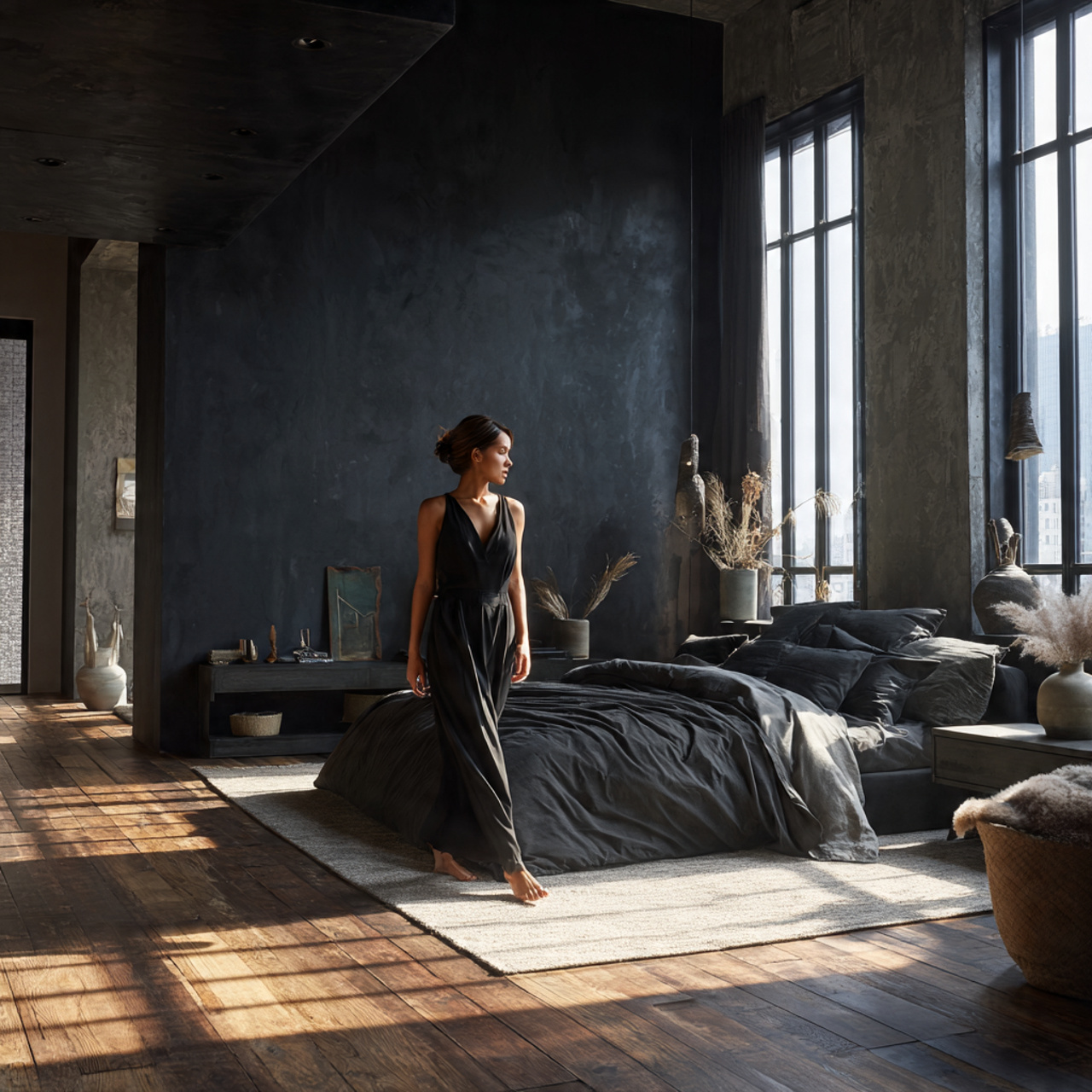 a modern bedroom with dark hardwood floors 1