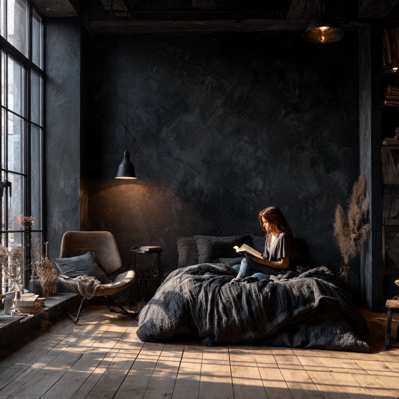 a modern bedroom with matte black walls 1