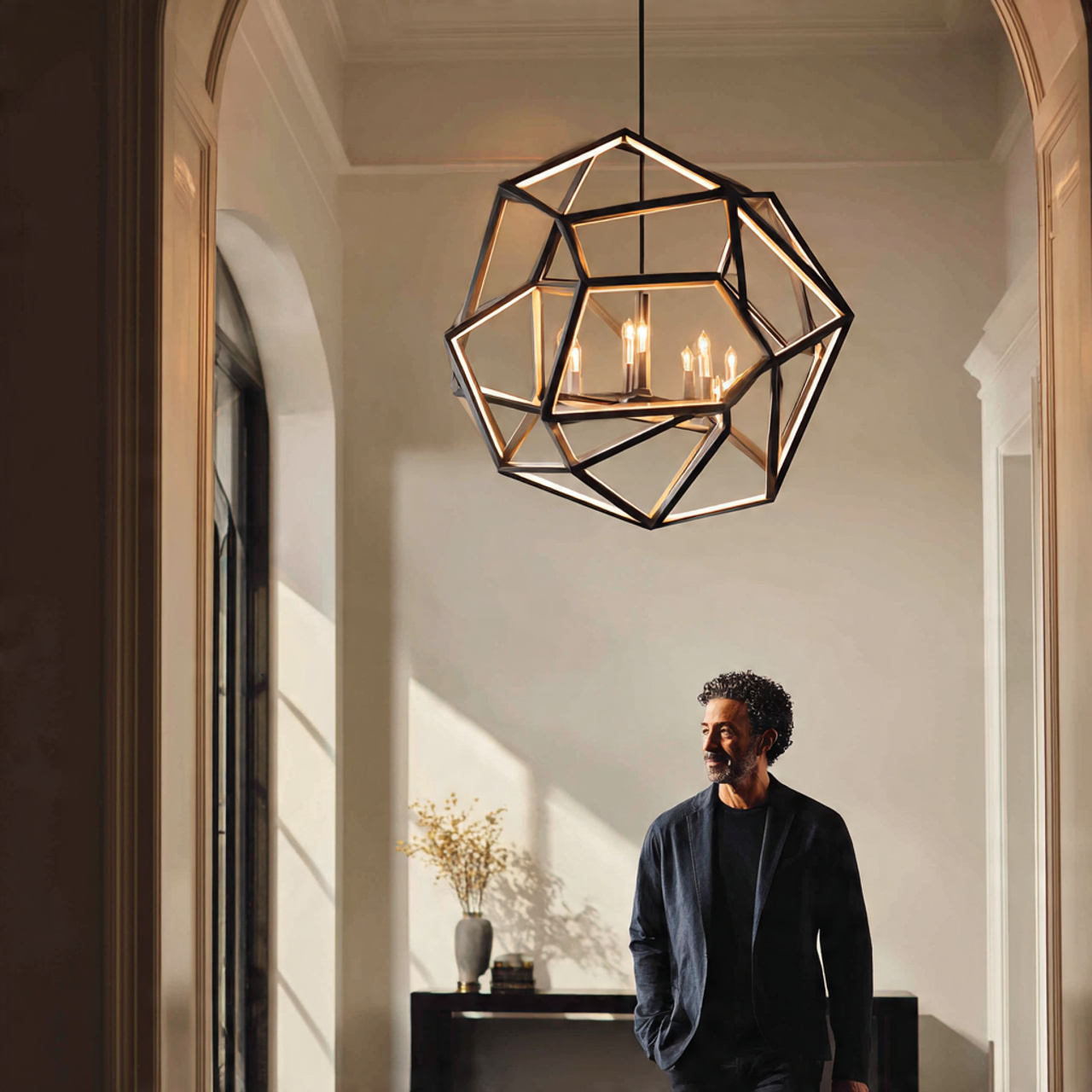 a modern foyer illuminated by a dramatic