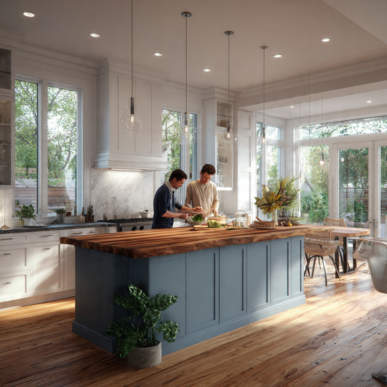a modern kitchen with a dusty blue 1