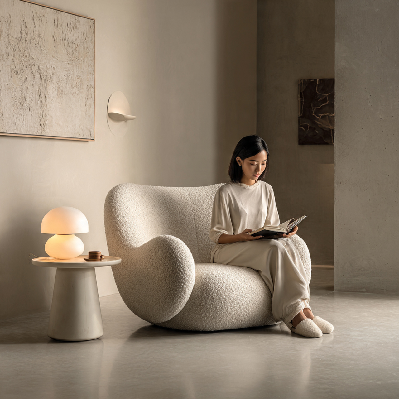 a modern living room featuring a sculptural