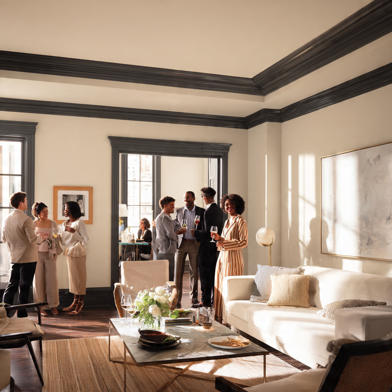 25 Transform Your Space with Stunning Paint Color Schemes for Stylish Home Ideas 17 a modern living room with high contrast trim