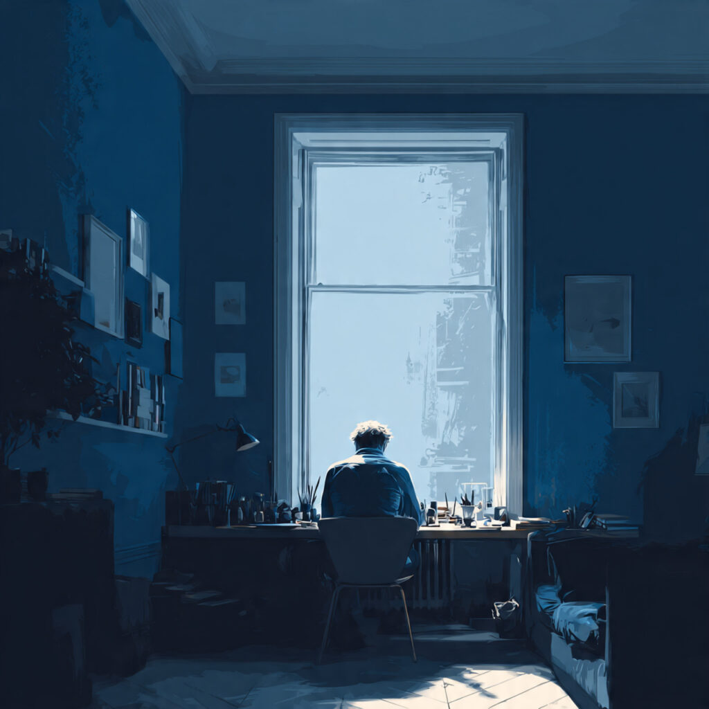 a modern minimalist workspace in deep navy