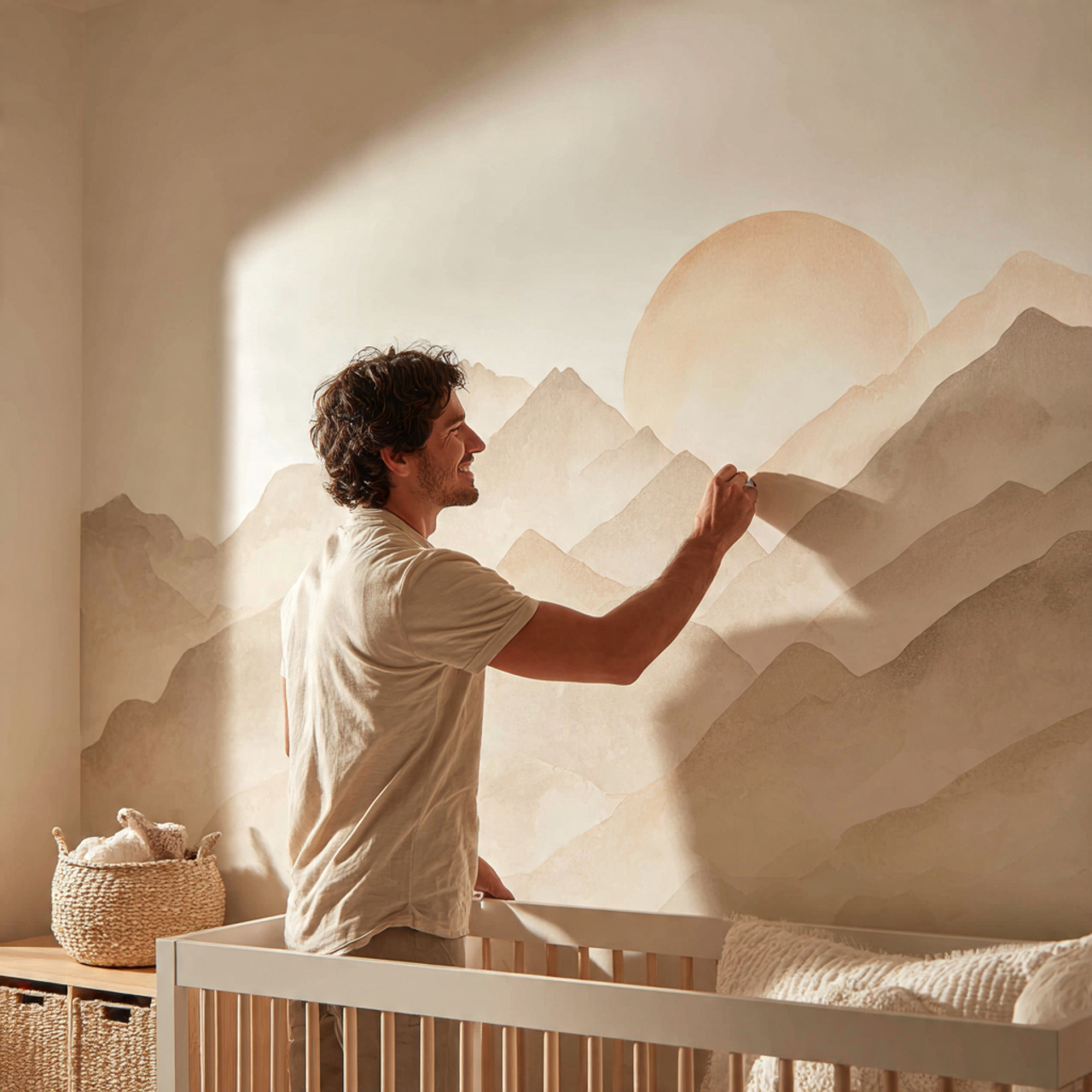 a modern nursery featuring large soft toned arch