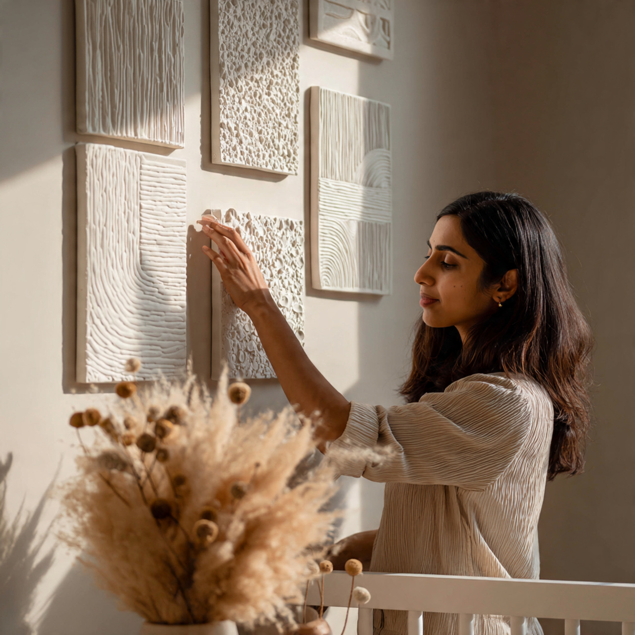 a modern nursery wall featuring abstract white