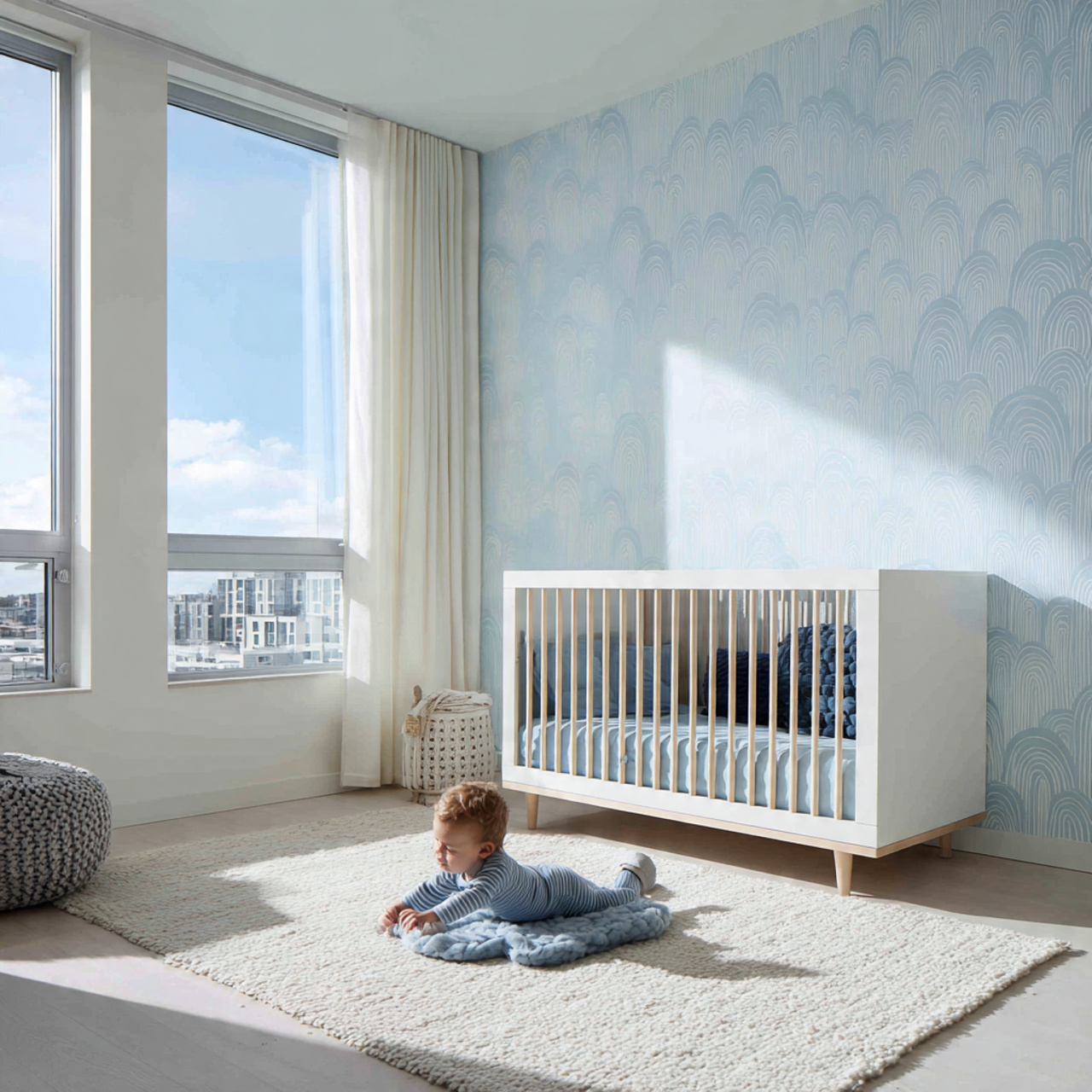 a modern nursery with pale blue walls