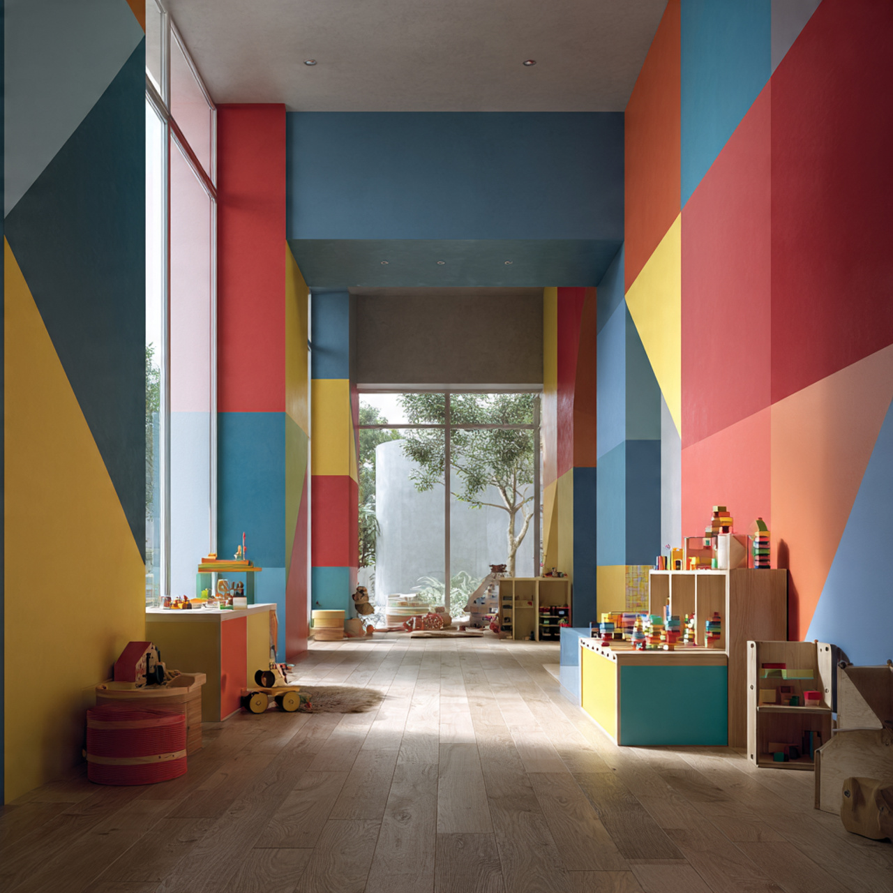 25 Transform Your Space with Stunning Paint Color Schemes for Stylish Home Ideas 6 a modern playroom featuring bold geometric color