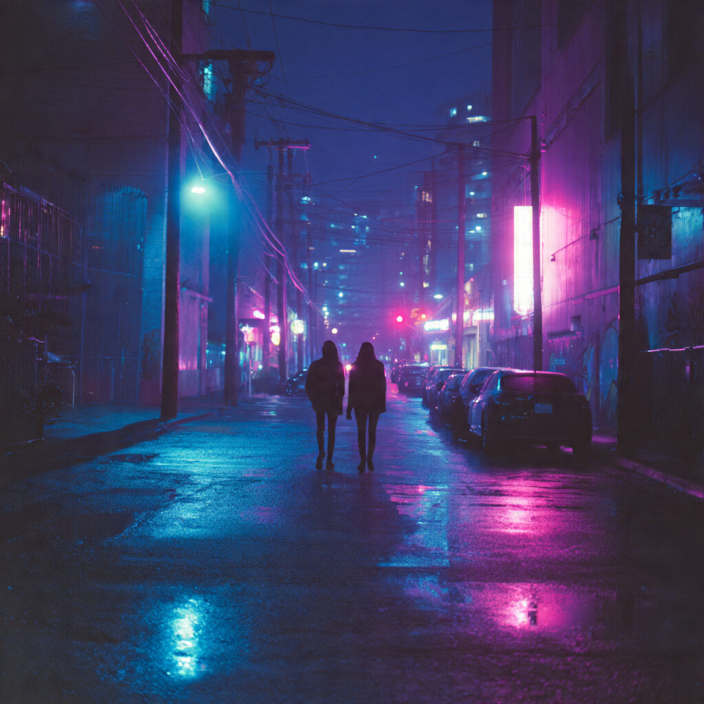 a moody urban street at dusk with