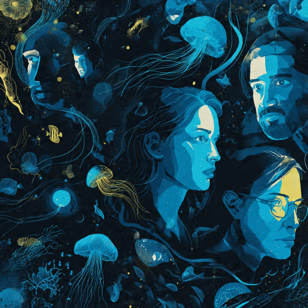 a mysterious underwater scene with inky black